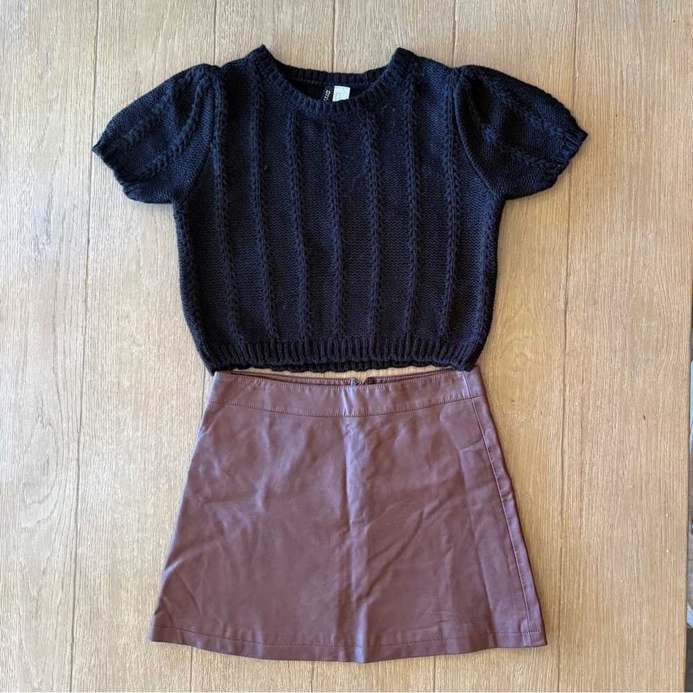 Forever 21 & H&M EUC Outfit Black Sweater and Faux Leather Skater Skirt - Sz M